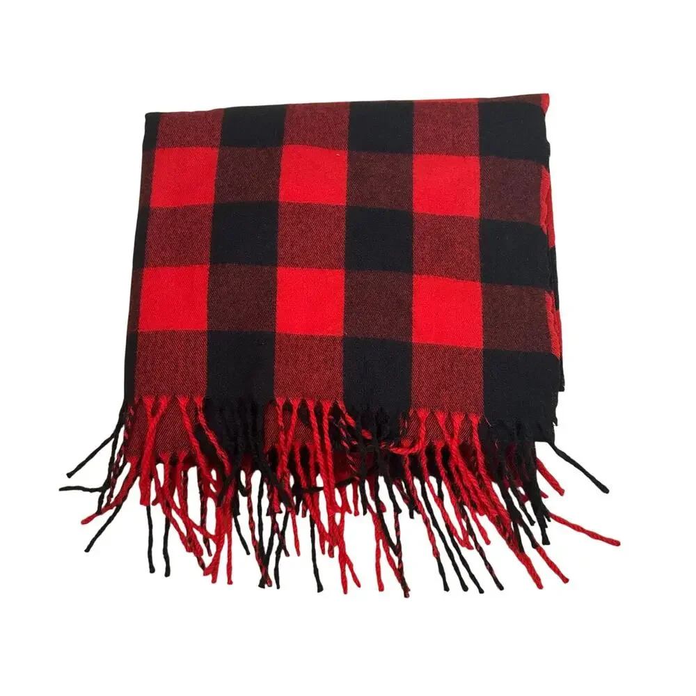 Gap Red & Black Buffalo Plaid Check Cozy Scarf with Fringe Unisex 78